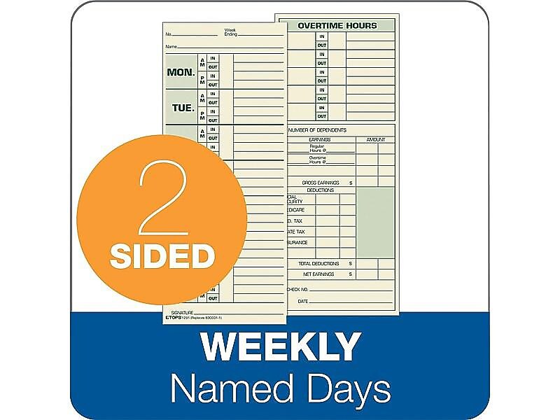 TOPS Time Cards for Pyramid 1000 Time Clock, 500/Box (TOP 1291)
