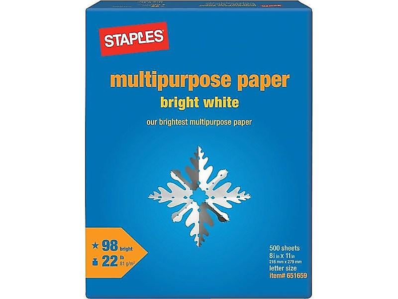 Staples 8.5" x 11" Multipurpose Paper, 22 lbs., 98 Brightness, 500/Ream (22098)