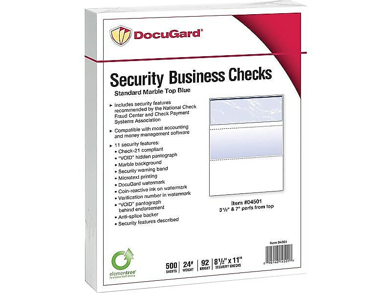 Paris DocuGard Standard 8.5" x 11" Security Check On Top, 24 lbs., Blue, 500 Sheets/Ream, 2500/Carton (04501)