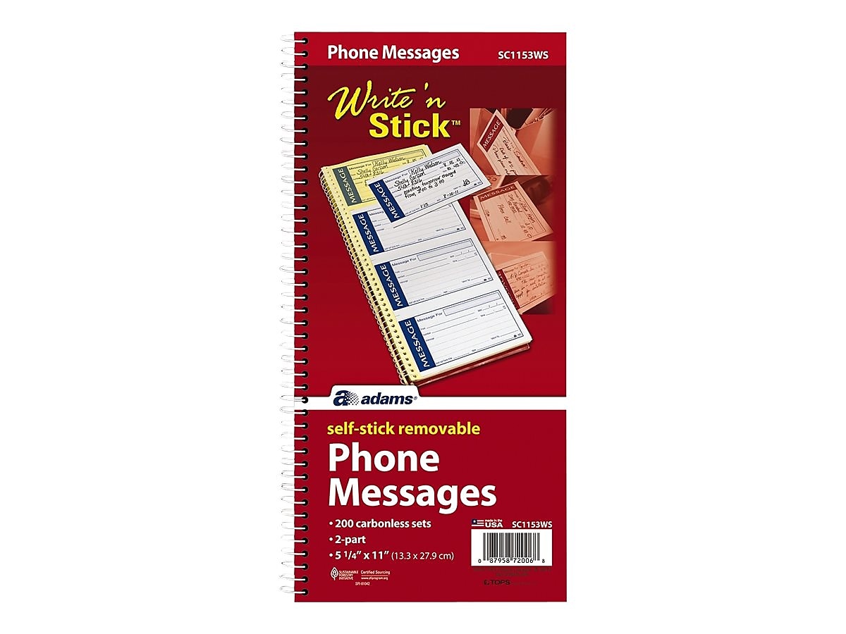 Adams 2-Part Write 'N Stick Message Pad, 5.25" x 11", White, 25 Sheets/Pad (SC1153WS)