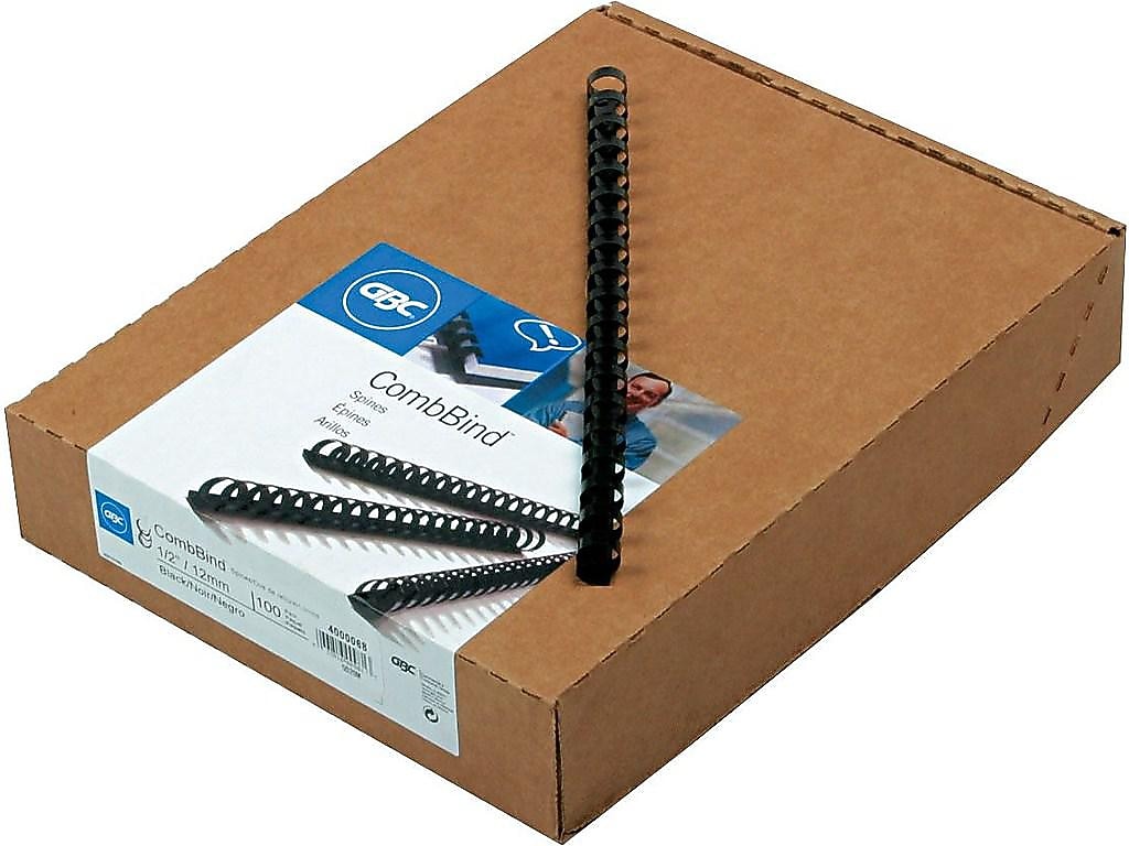 GBC CombBind 1/2" Plastic Binding Spine Comb, 85 Sheet Capacity, Black, 100/Box (4000068)