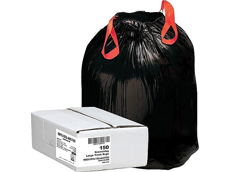 Berry Global Draw 'N Tie 33 Gallon Industrial Trash Bag, 33.5" x 38", Low Density, 1.2mil, Black, 150 Bags/Box (1DTL150)