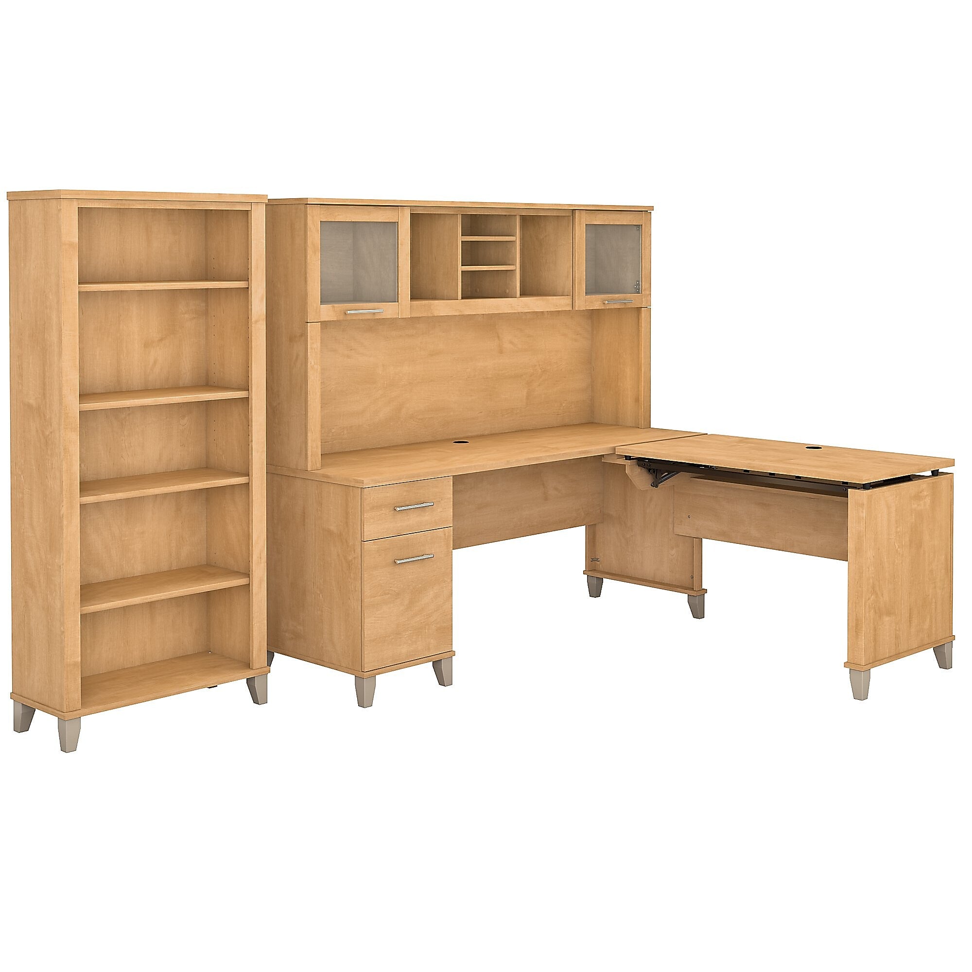 Bush Furniture Somerset 72"W 3 Position Sit to Stand L Shaped Desk with Hutch and Bookcase, Maple Cross (SET017MC)