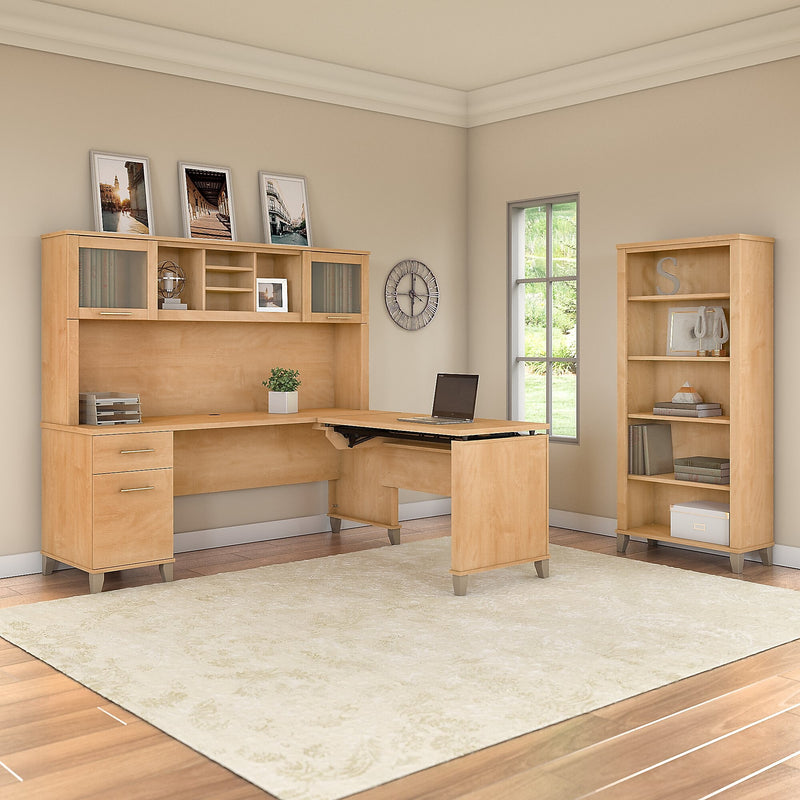 Bush Furniture Somerset 72"W 3 Position Sit to Stand L Shaped Desk with Hutch and Bookcase, Maple Cross (SET017MC)