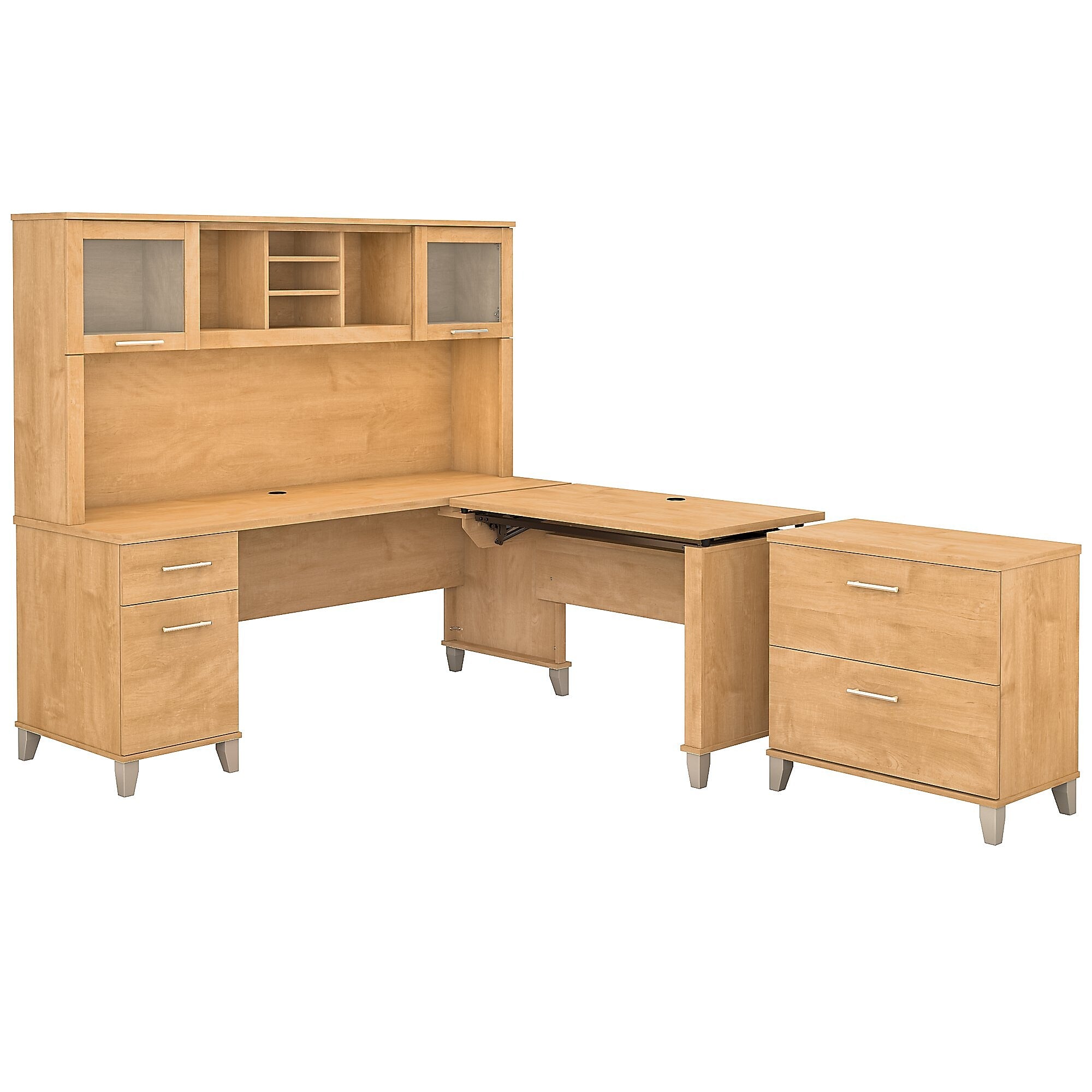 Bush Furniture Somerset 72"W 3 Position Sit to Stand L Shaped Desk with Hutch and File Cabinet, Maple Cross (SET016MC)