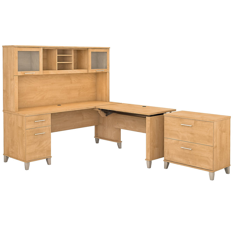Bush Furniture Somerset 72"W 3 Position Sit to Stand L Shaped Desk with Hutch and File Cabinet, Maple Cross (SET016MC)