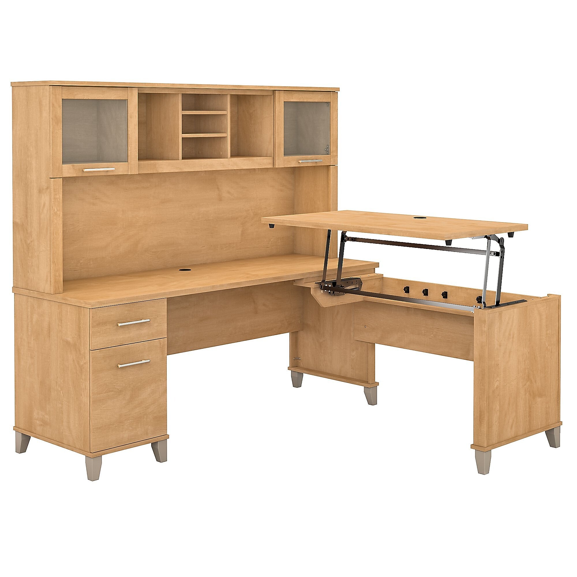 Bush Furniture Somerset 72"W 3 Position Sit to Stand L Shaped Desk with Hutch, Maple Cross (SET015MC)