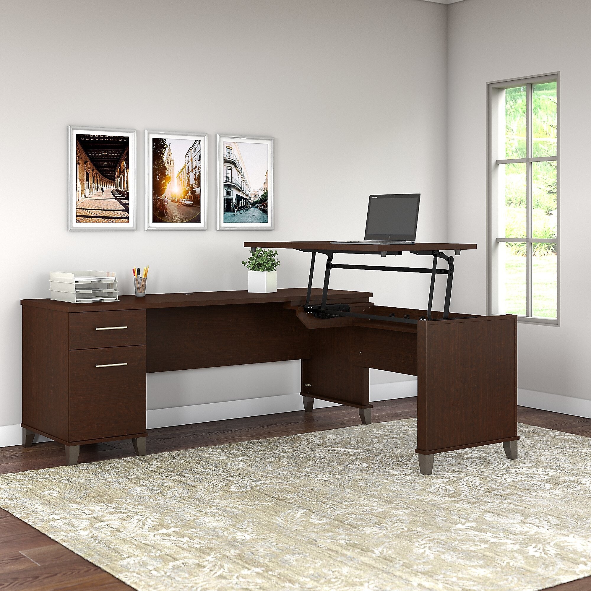 Bush Furniture Somerset 72"W 3 Position Sit to Stand L Shaped Desk, Mocha Cherry (SET014MR)