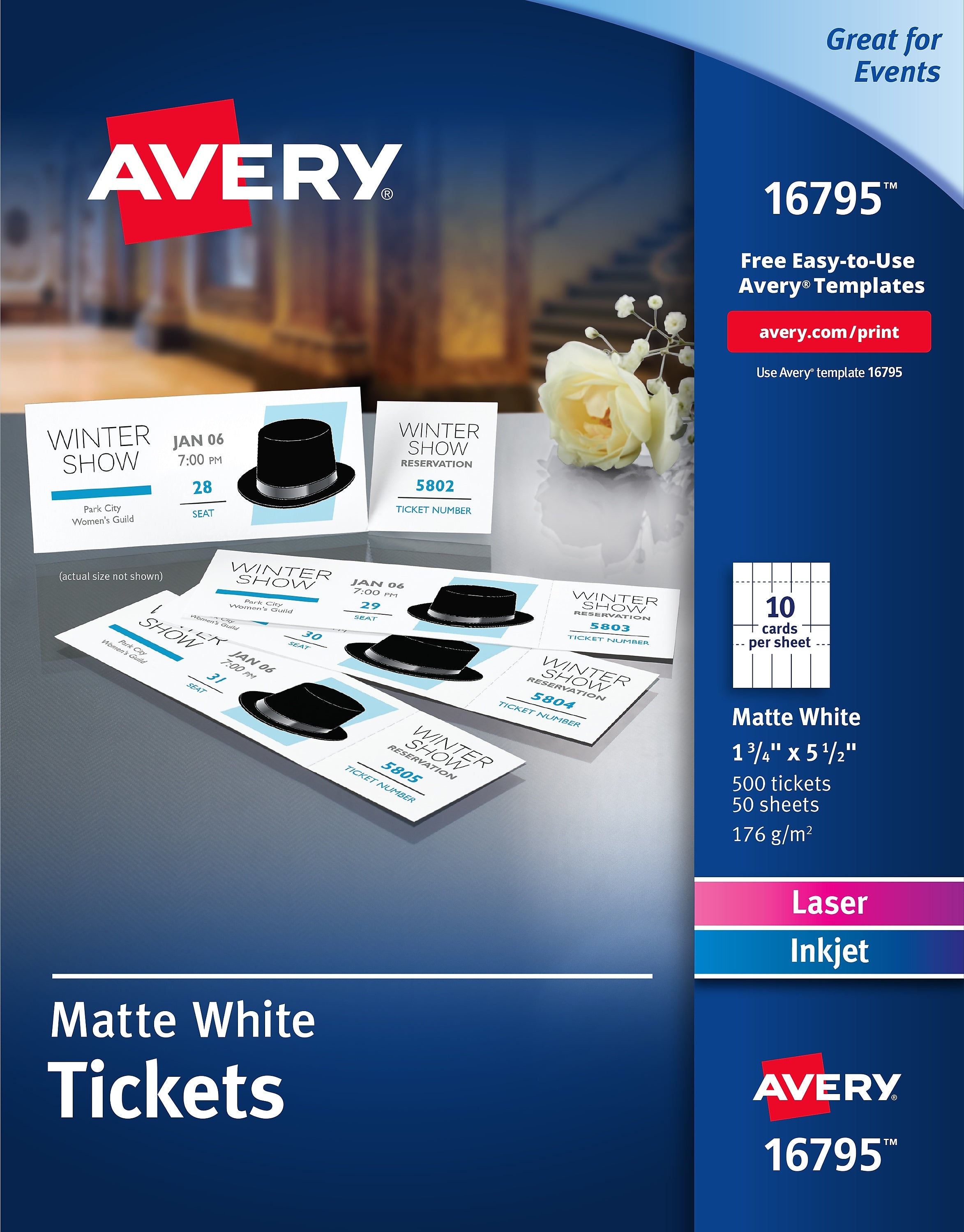Avery Printable Tickets with Tear-Away Stubs, Matte White, 1.75" x 5.5", Laser/Inkjet, 500/Pack (16795)