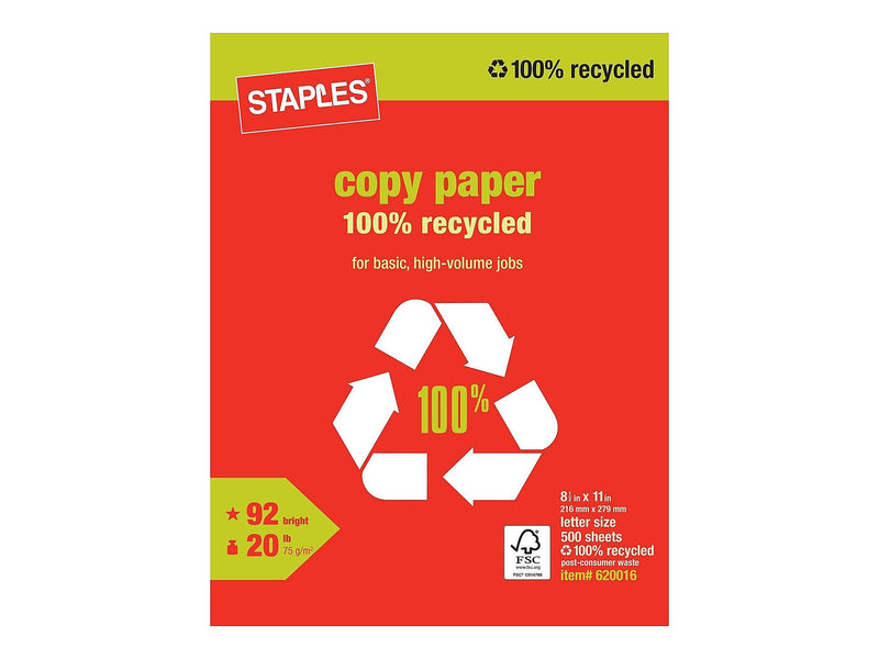 Staples 100% Recycled 8.5" x 11" Copy Paper, 20 lbs., 92 Brightness, 500/Ream (620016)