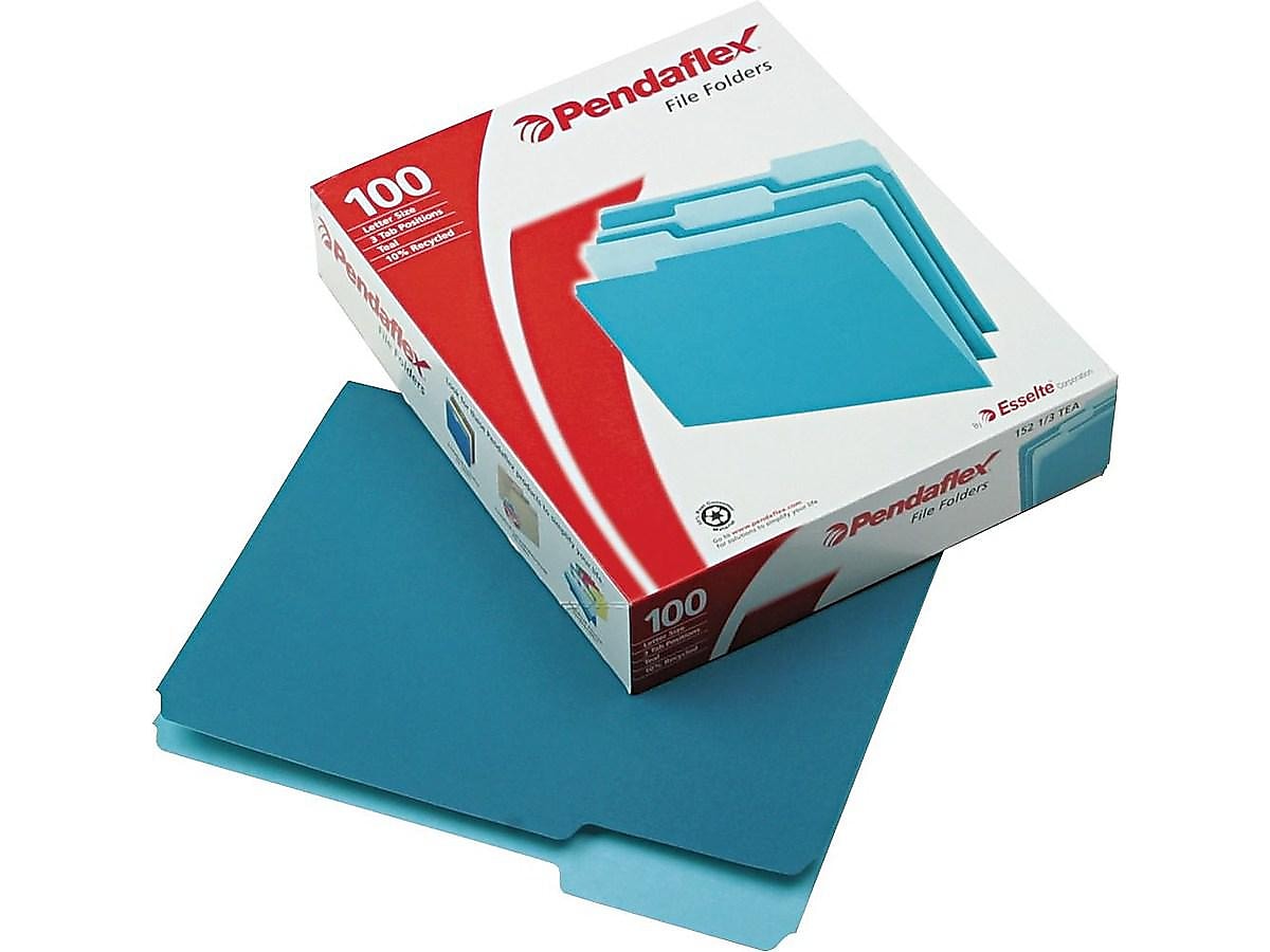 Pendaflex Two-Tone File Folders, 3-Tab, Letter Size, Teal, 100/Box (PFX 152 1/3 TEA)
