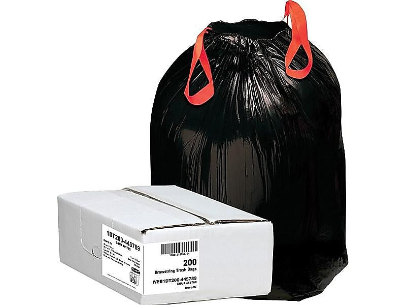 Berry Global Draw 'N Tie 30 Gallon Industrial Trash Bag, 30.5" x 34", Low Density, 1.2mil, Black, 200 Bags/Box (1DT200)