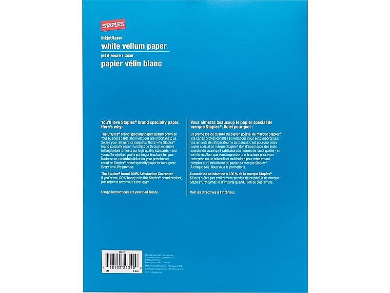 Staples 8.5" x 11" Vellum Paper, 29 lbs., 92 Brightness, 50/Pack (26232-CC)