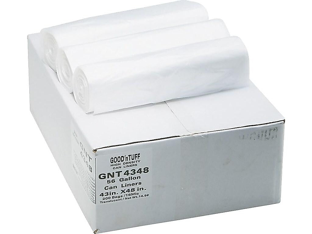 Berry Global Good'nTuff 56 Gallon Industrial Trash Bag, 43" x 48", High Density, 14 mic, Natural, 200 Bags/Box (GNT4348)