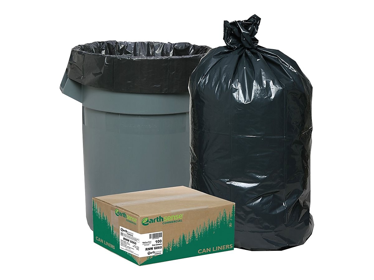 Earthsense Recycled 55-60 Gallon Trash Bags, Black, 100/Carton (RNW6060)