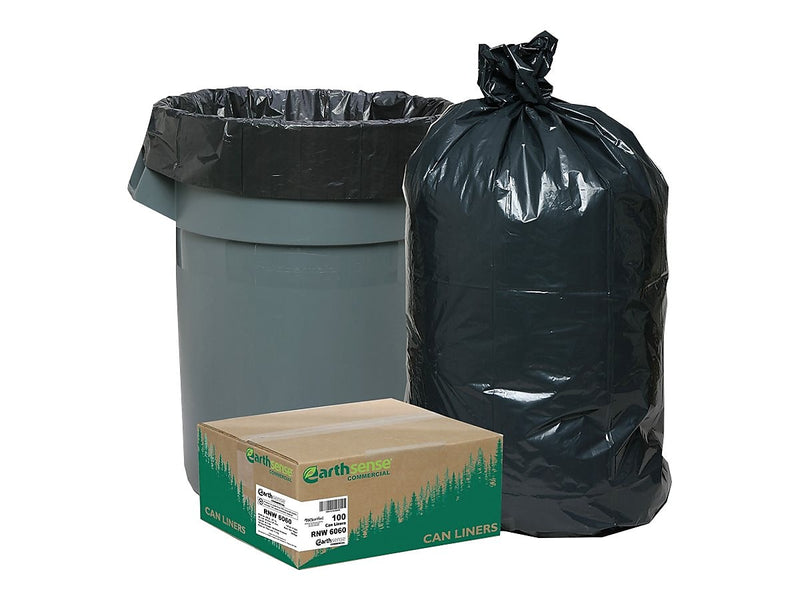 Earthsense Recycled 55-60 Gallon Trash Bags, Black, 100/Carton (RNW6060)