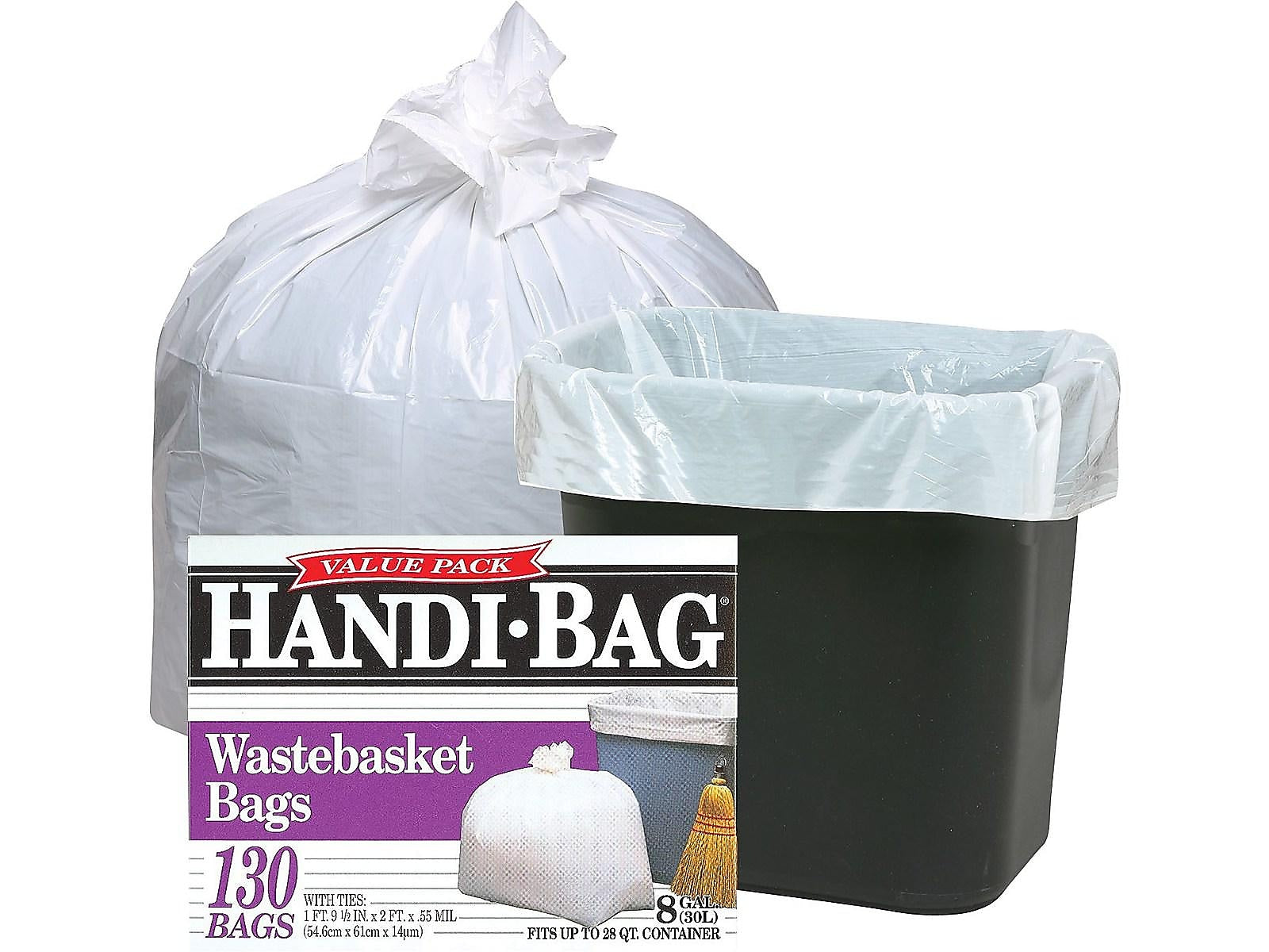 Berry Global Handi-Bag 8 Gallon Trash Bag, 22" x 24", Low Density, 0.6 mil, White, 130 Bags/Box (HAB6FW130/HAB6W)