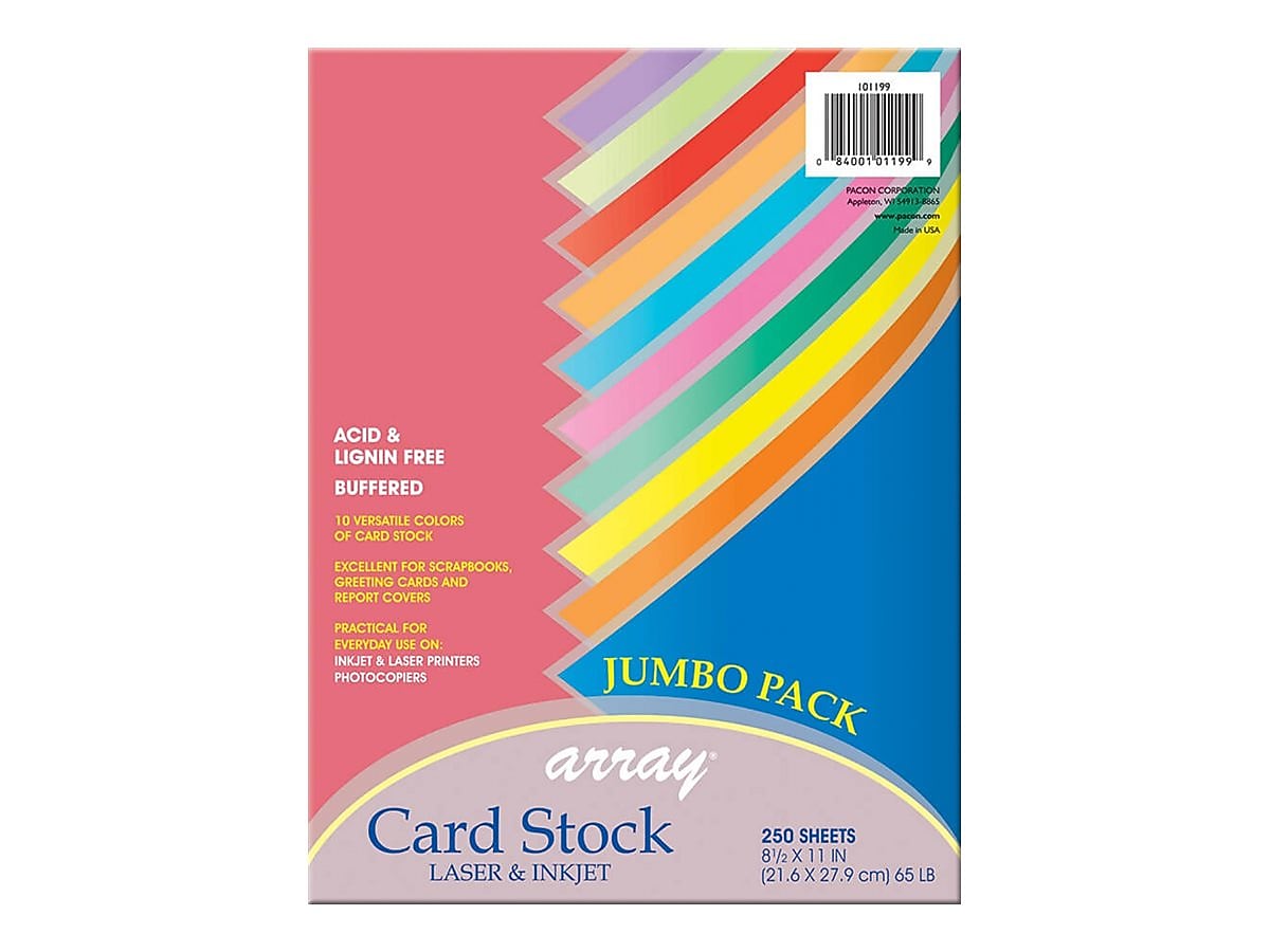 Pacon Array 65 lb. Cardstock Paper, 8.5" x 11", Assorted Colors, 250 Sheets/Pack (101199)