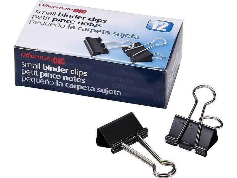 Officemate OIC Small Binder Clips, 0.37" Capacity, Black, 12 Clips/Box (OIC99020)