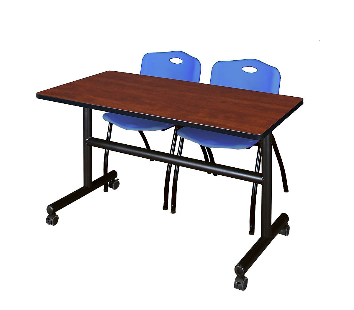 Regency Kobe 48" Flip Top Mobile Training Table- Cherry & 2 'M' Stack Chairs- Blue