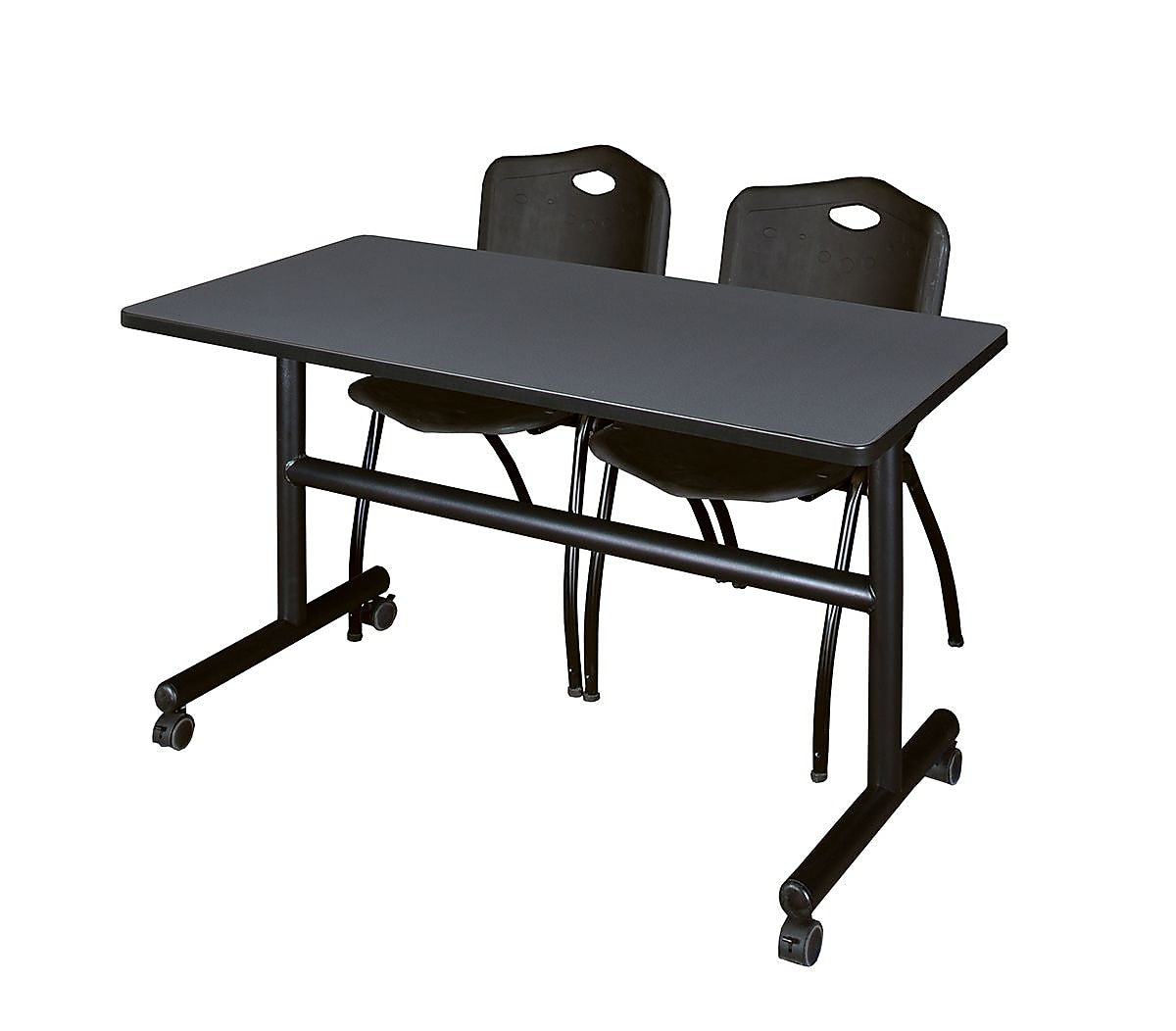 Regency Kobe 48" Flip Top Mobile Training Table- Grey & 2 'M' Stack Chairs- Black