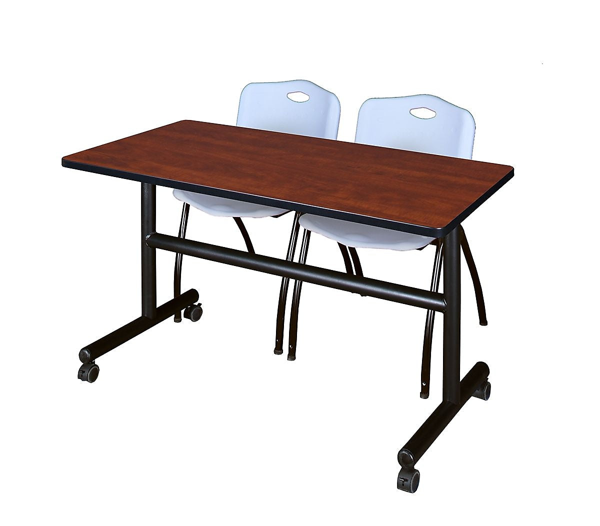 Regency Kobe 48" Flip Top Mobile Training Table- Cherry & 2 'M' Stack Chairs- Grey