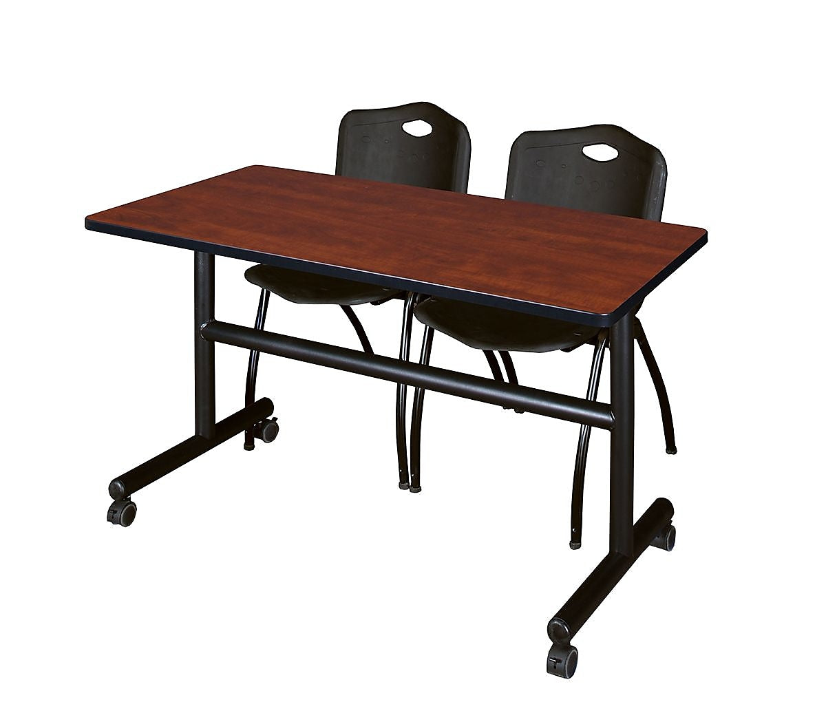 Regency Kobe 48" Flip Top Mobile Training Table- Cherry & 2 'M' Stack Chairs- Black