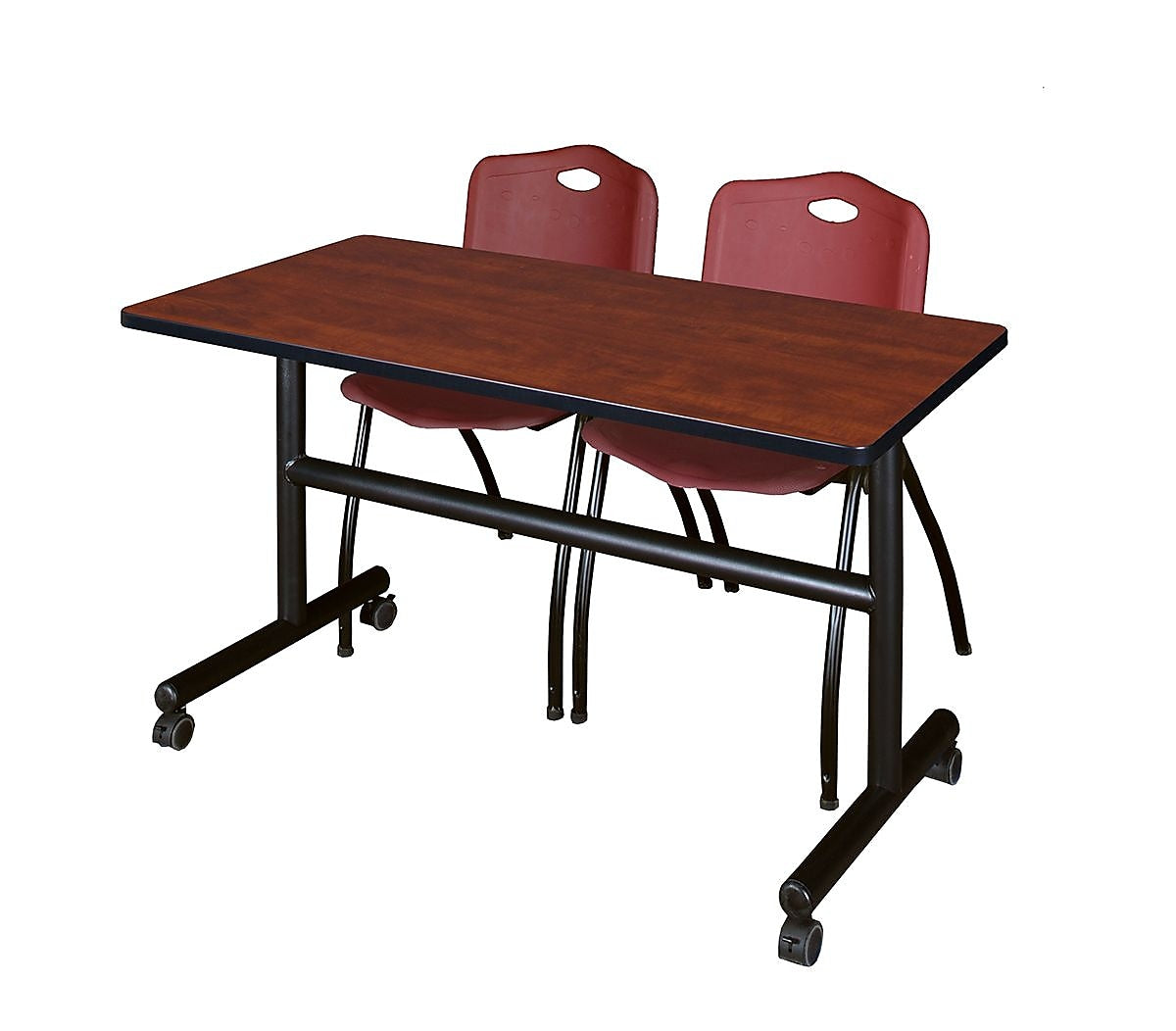 Regency Kobe 48" Flip Top Mobile Training Table- Cherry & 2 'M' Stack Chairs- Burgundy