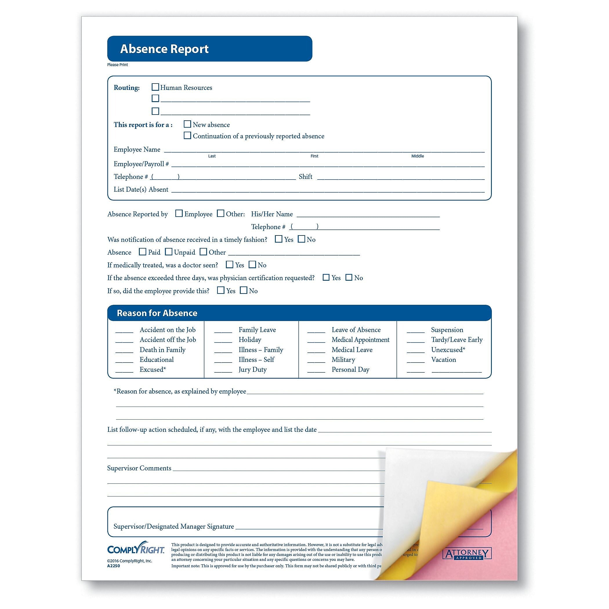 ComplyRight Absence Report, 3-Part, Pack of 50 (A2250)