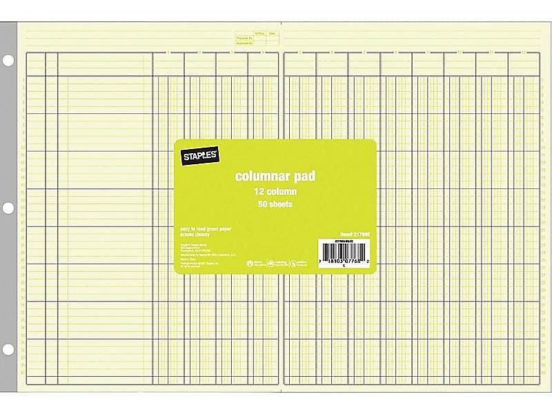 Staples® Columnar Book, 12 Columns, 16.31" x 11", Green, 50 Sheets/Book (217885)