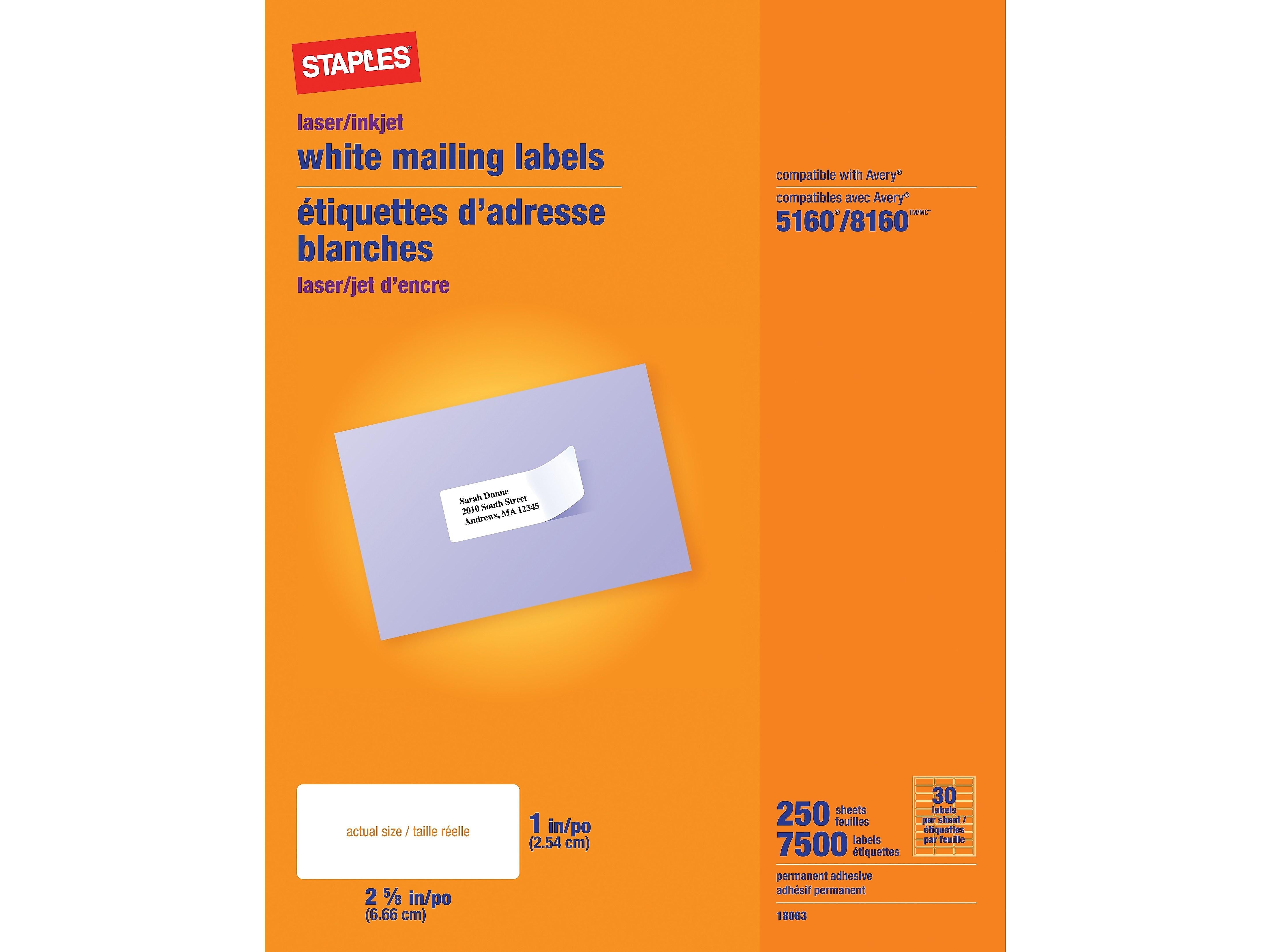 Staples Laser/Inkjet Address Labels, 1" x 2 5/8", White, 30 Labels/Sheet, 5 Boxes/Case (18063CT)