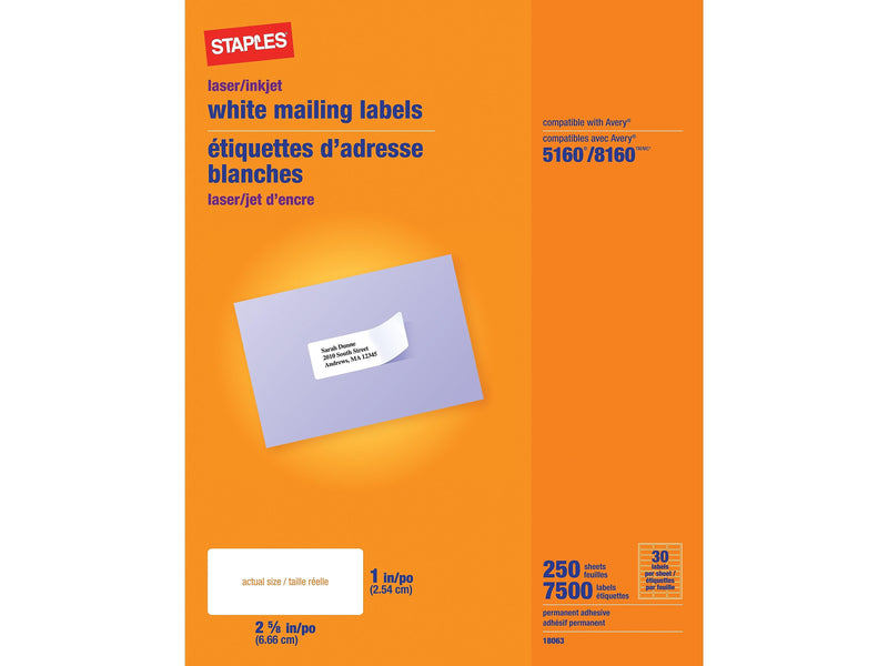 Staples Laser/Inkjet Address Labels, 1" x 2 5/8", White, 30 Labels/Sheet, 5 Boxes/Case (18063CT)