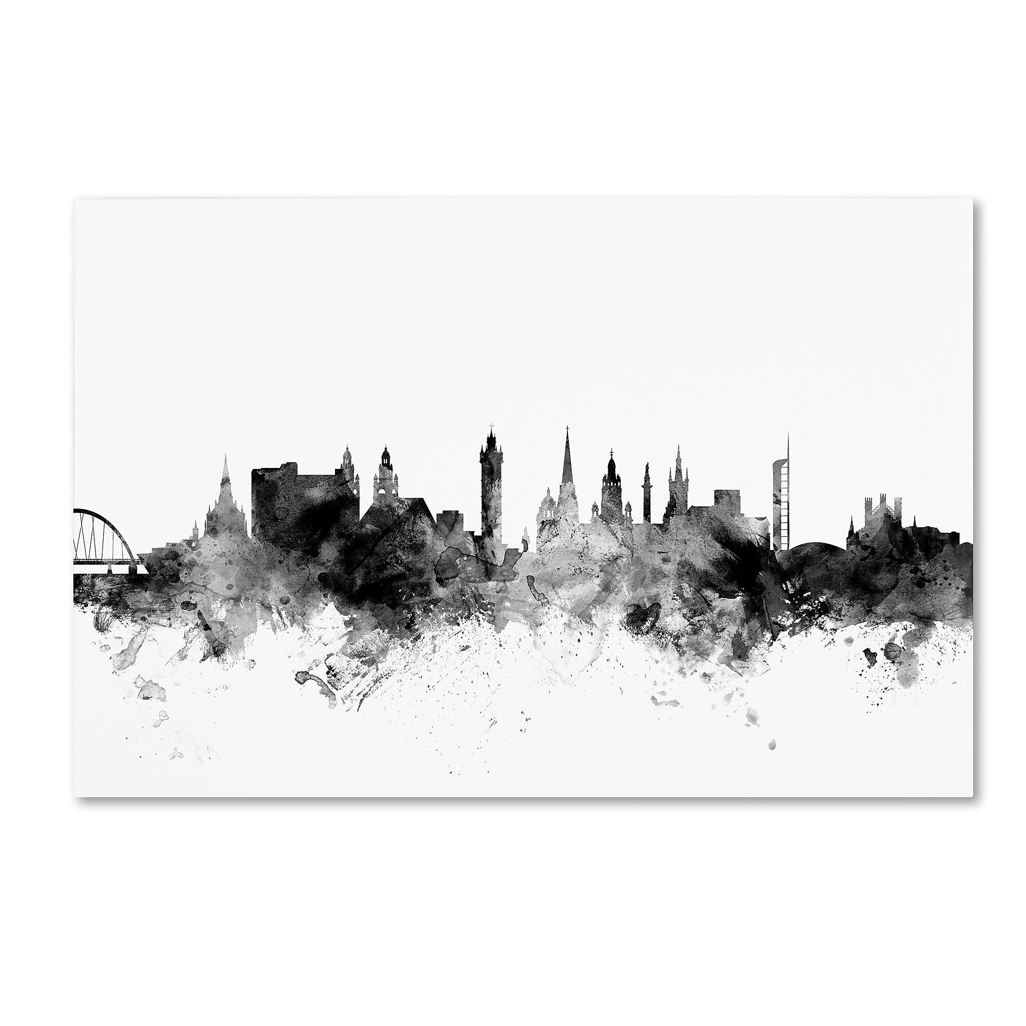 Trademark Fine Art Michael Tompsett 'Glasgow Scotland Skyline B&W' 12" x 19" Canvas Stretched Art Print (190836103386)