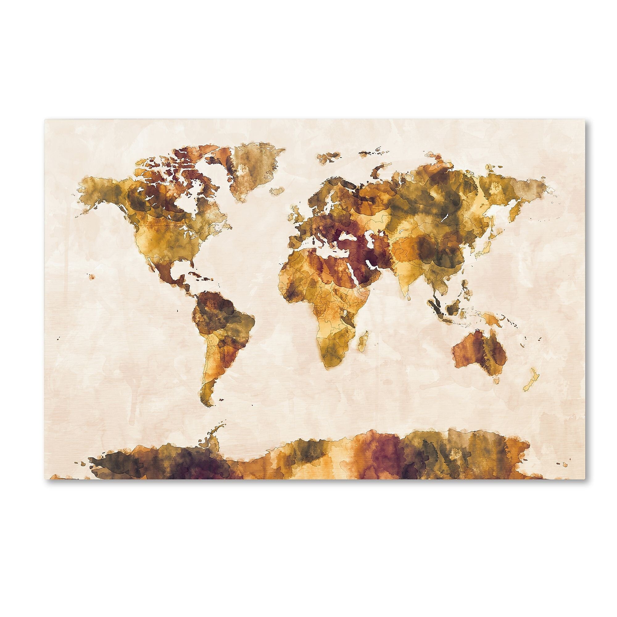 Trademark Fine Art Michael Tompsett 'World Map Watercolor Painting' 12" x 19" Canvas Stretched (190836014019)