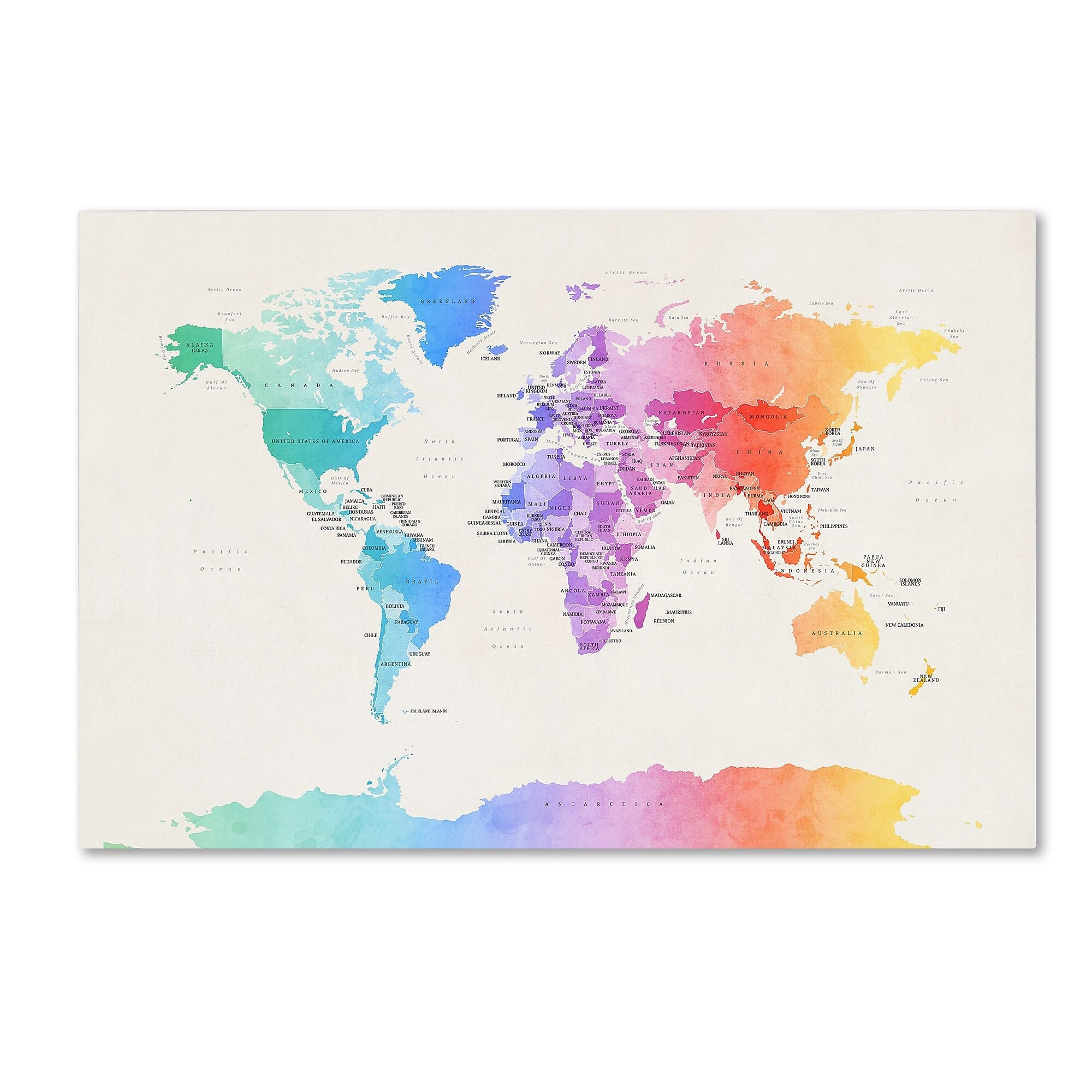 Trademark Fine Art Michael Tompsett 'Watercolor Political World Map' 12" x 19" Canvas Stretched (190836013852)