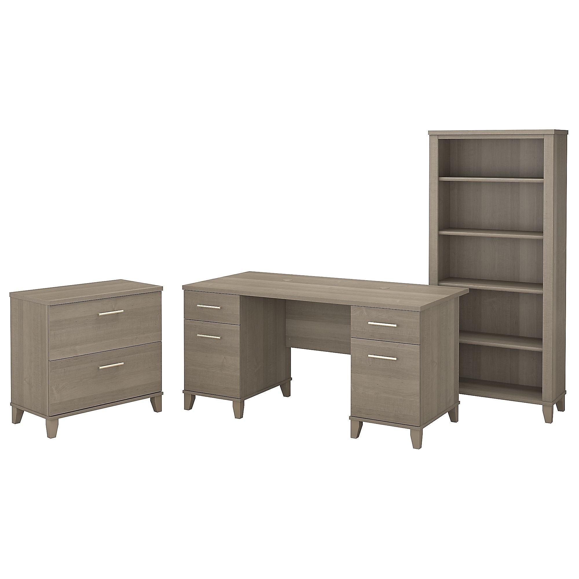 Bush Furniture Somerset 60"W Office Desk with Lateral File Cabinet and 5 Shelf Bookcase, Ash Gray (SET013AG)