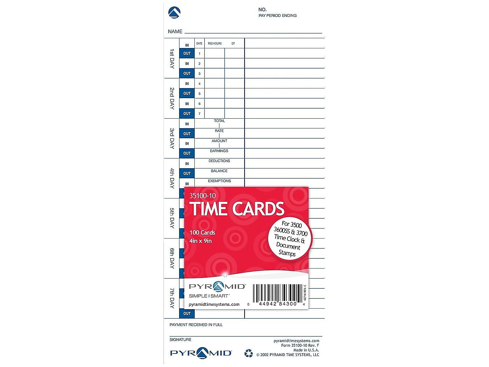 Pyramid Time Cards for 3000HD, 3500, 3500SS, 3550SS, 3600SS, 3700 Time Clocks, 100/Pack (35100-10)