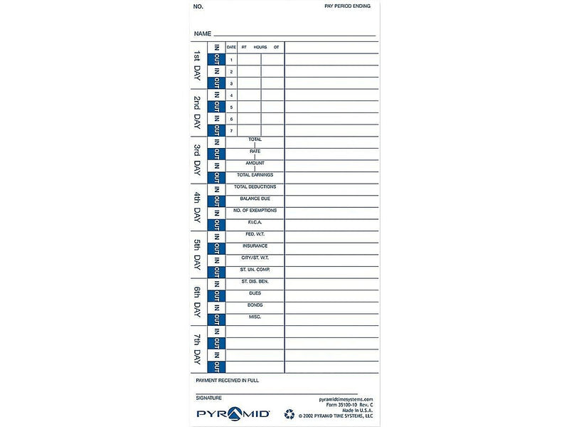 Pyramid Time Cards for 3000HD, 3500, 3500SS, 3550SS, 3600SS, 3700 Time Clocks, 100/Pack (35100-10)