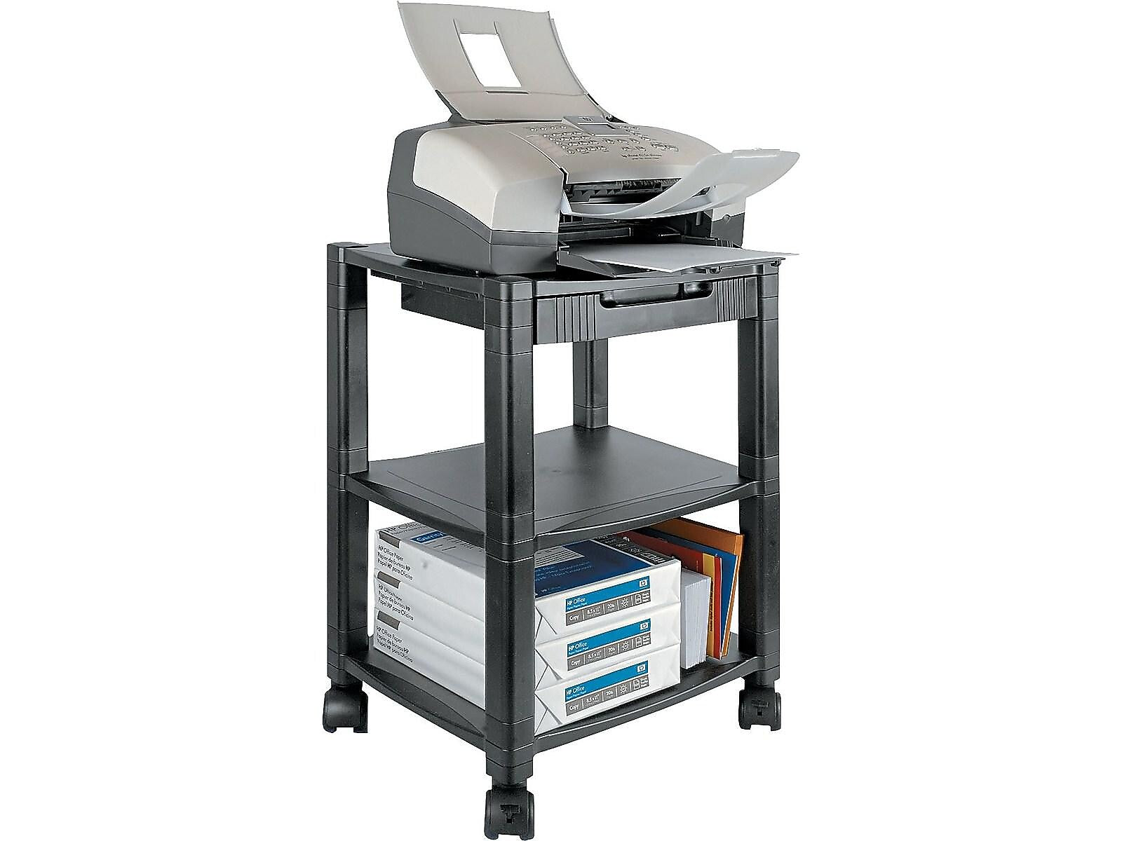 Kantek 3-Shelf Plastic/Poly Mobile Printer Stand with Lockable Wheels, Black (KTKPS540)