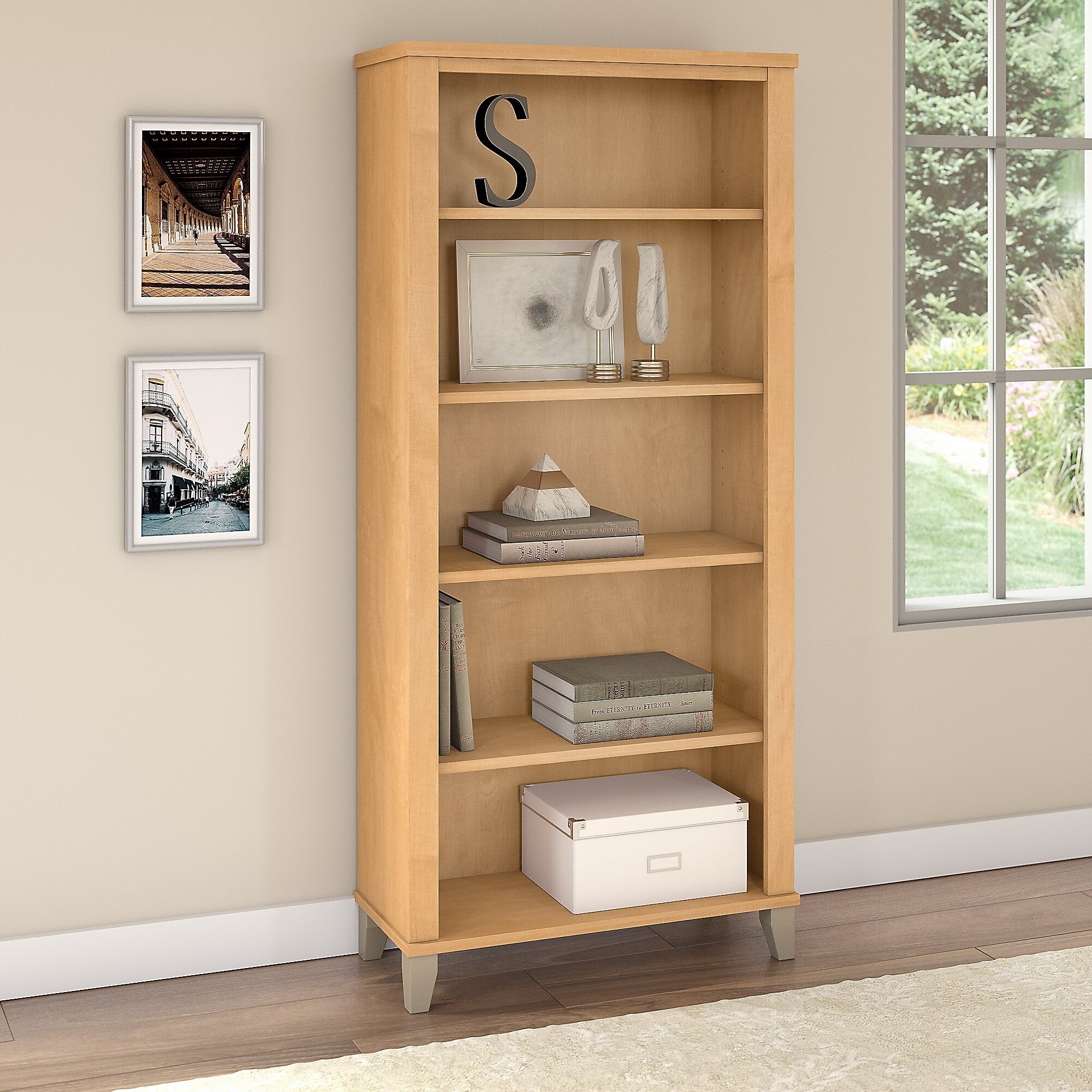 Bush Furniture Somerset 65"H 5-Shelf Bookcase with Adjustable Shelves, Maple Cross Laminate (WC81465)