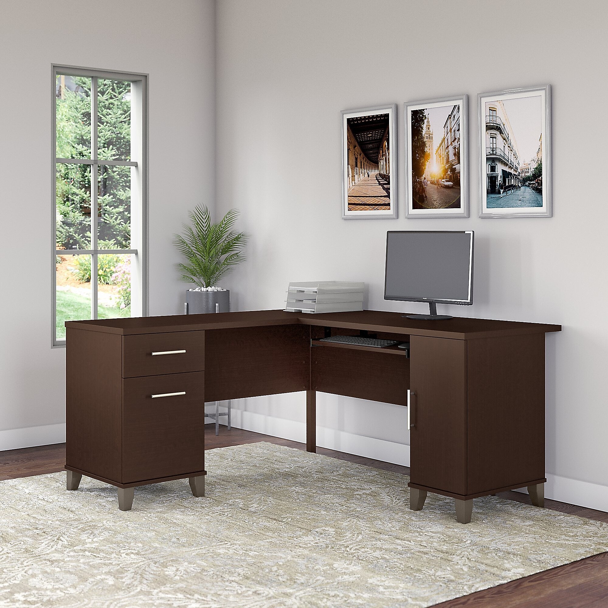 Bush Furniture Somerset 60"W L Shaped Desk with Storage, Mocha Cherry (WC81830K)