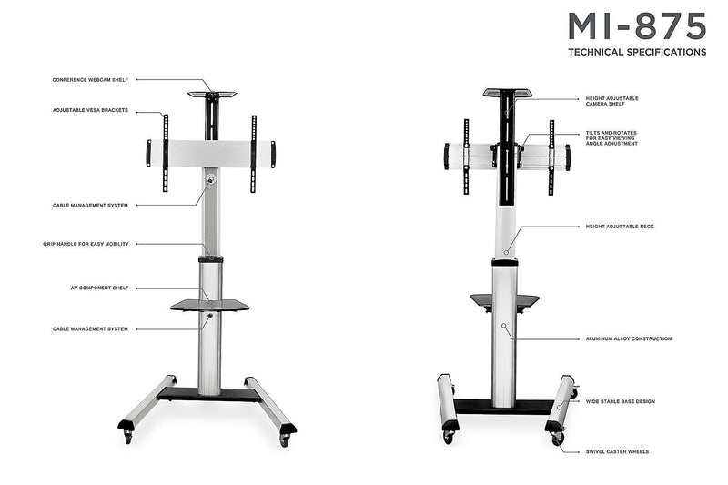 Mount-It! 2-Shelf Mobile TV Cart Height Adjustable for 32"-70" Displays (MI-875)