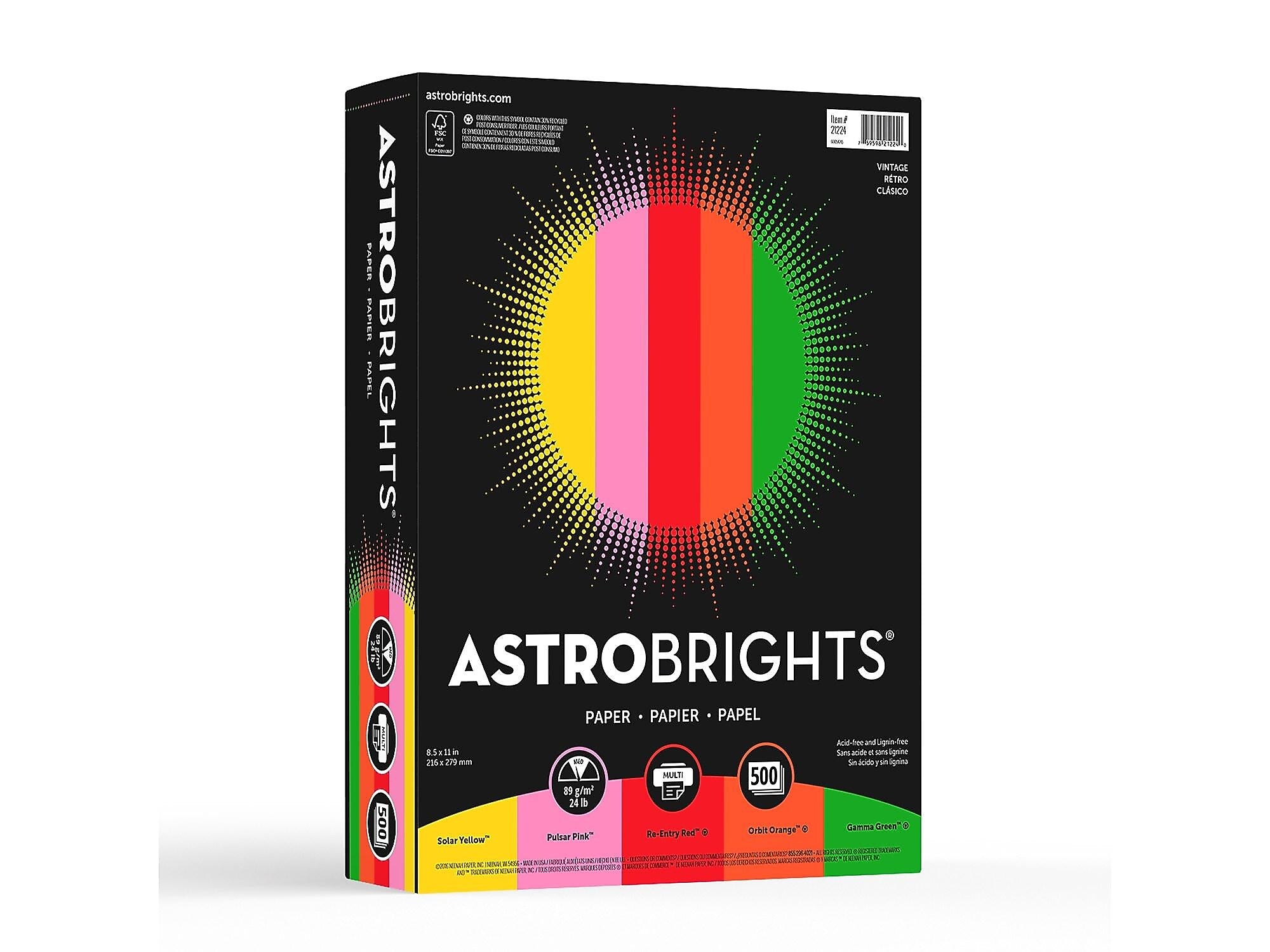 Astrobrights Vintage Multipurpose Paper, 24 lbs., 8.5" x 11", Assorted Colors, 500 Sheets/Pack (21224)