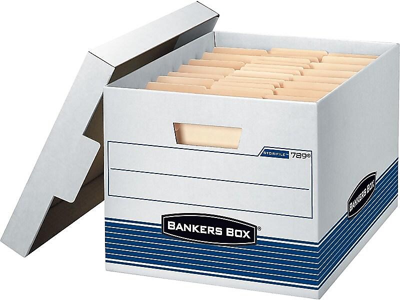 Bankers Box Stor/File Medium-Duty FastFold File Storage Boxes, Lift-Off Lid, Letter/Legal Size, White/Blue, 4/Carton (0078907)
