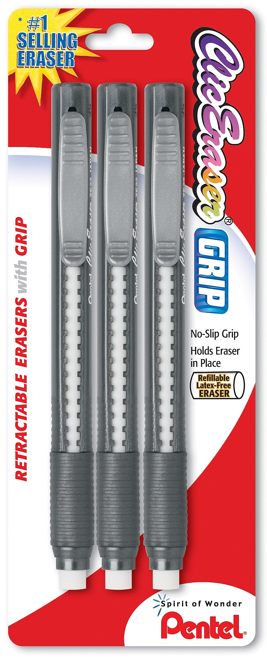 Pentel Clic  Erasers, Lead Pencil Eraser, Retractable, 3/Pk, Assorted