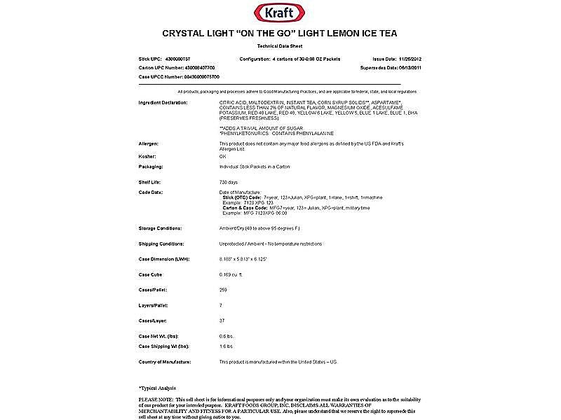 Crystal Light On The Go Lemon Powder Tea, 0.08 oz., 30/Box (00757)