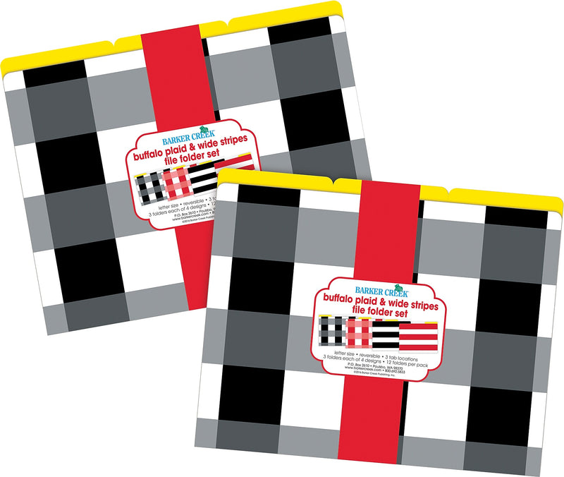 Barker Creek Buffalo Plaid & Wide Stripes File Folder, 1/3-Cut Tab, Letter Size, Multicolor, 24/Set (BC3962)