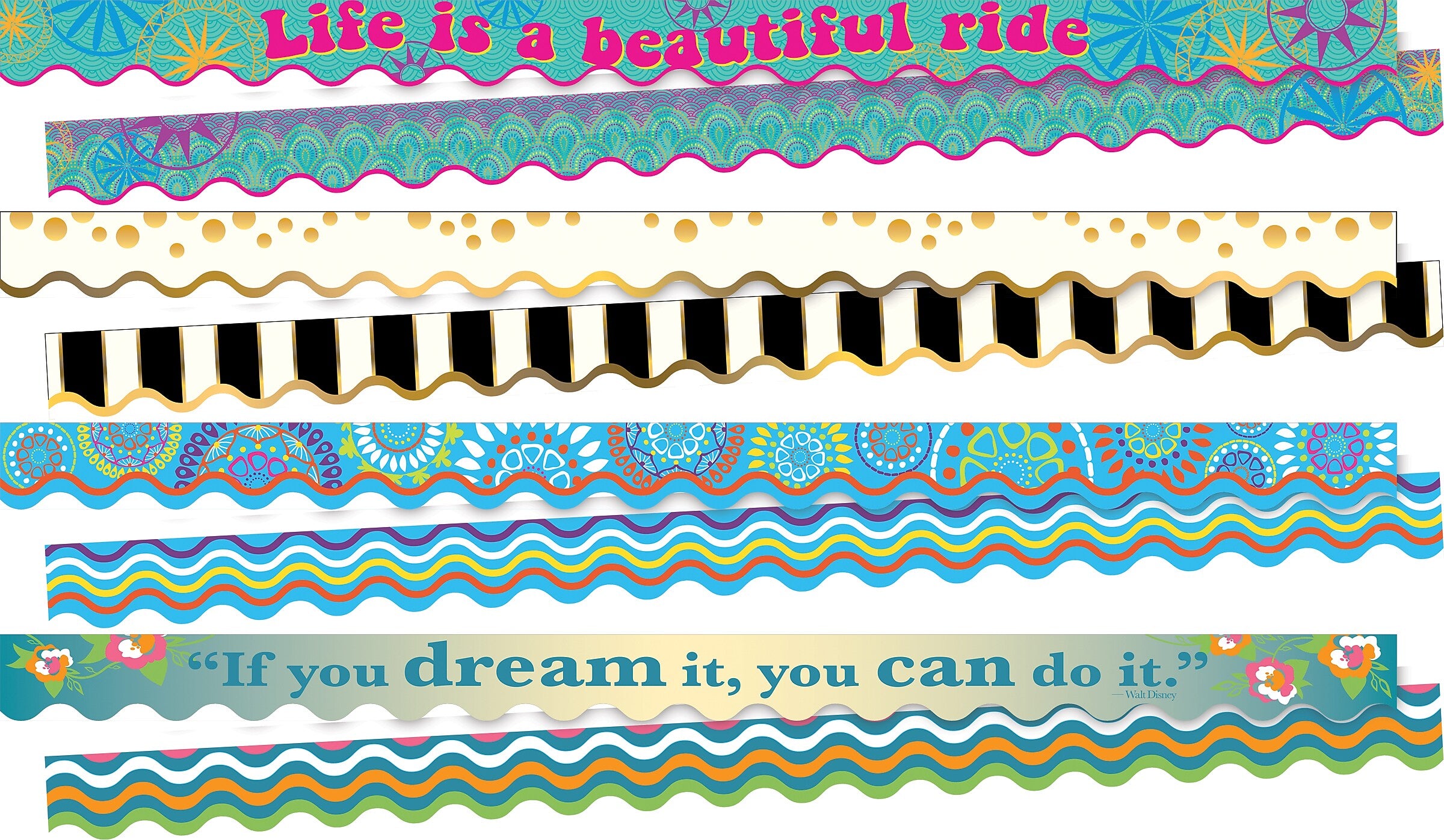 Barker Creek Double-Sided Scalloped Border Set, 36" x 2.25", Trending Designs, 4 designs, 52/Set (BC912)