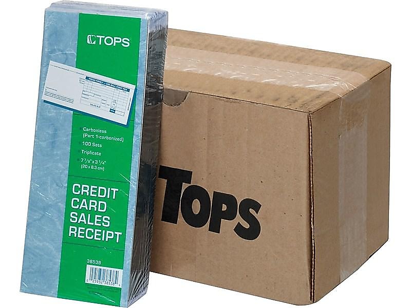 TOPS Credit Card Sales 3-Part Carbonless Receipts, 3.25"L x 7.88"W, 100 Sets/Book, 5/Carton (38538CT)