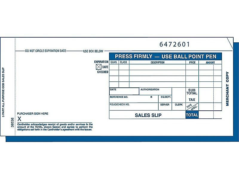 TOPS Credit Card Sales 3-Part Carbonless Receipt, 3.25"L x 7.88"W, 100/Pack (TOP 38538)